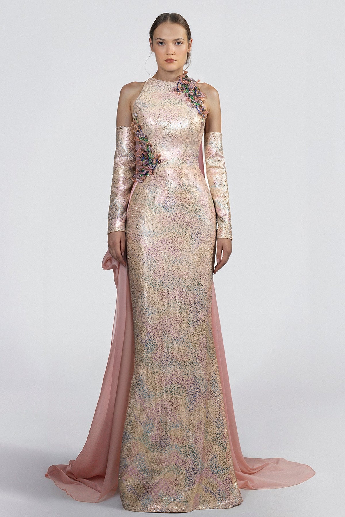 High-Neck Sequin Cape Gown