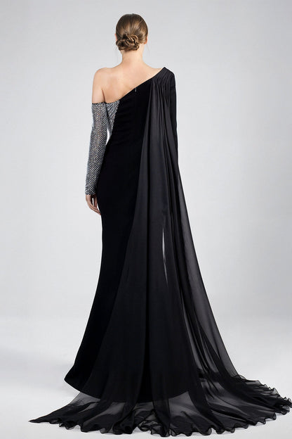 One-Shoulder Crystal-Mesh Sleeve Gown
