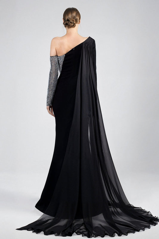 One-Shoulder Crystal-Mesh Sleeve Gown