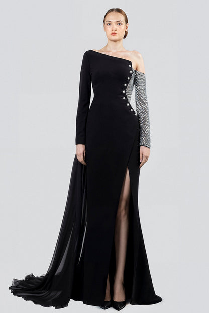 One-Shoulder Crystal-Mesh Sleeve Gown