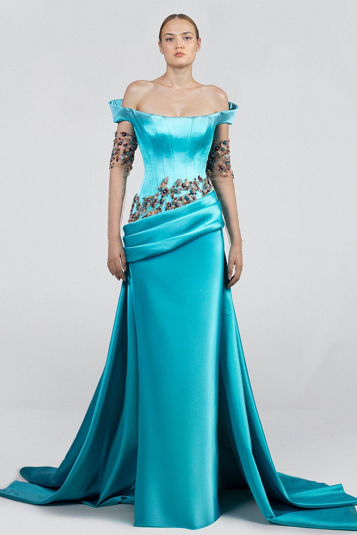 Off-Shoulder Draped Corset Gown