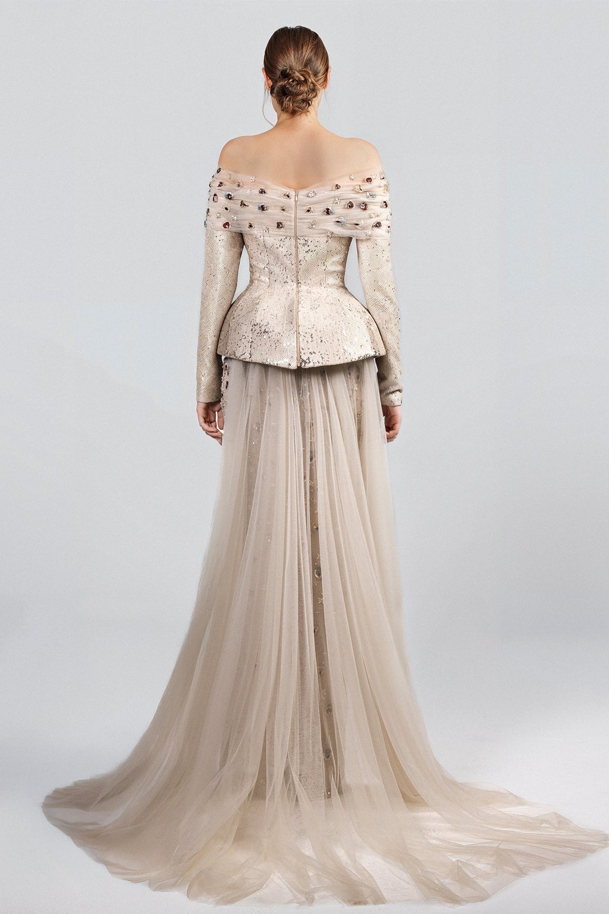 Off-Shoulder Peplum Jeweled Gown