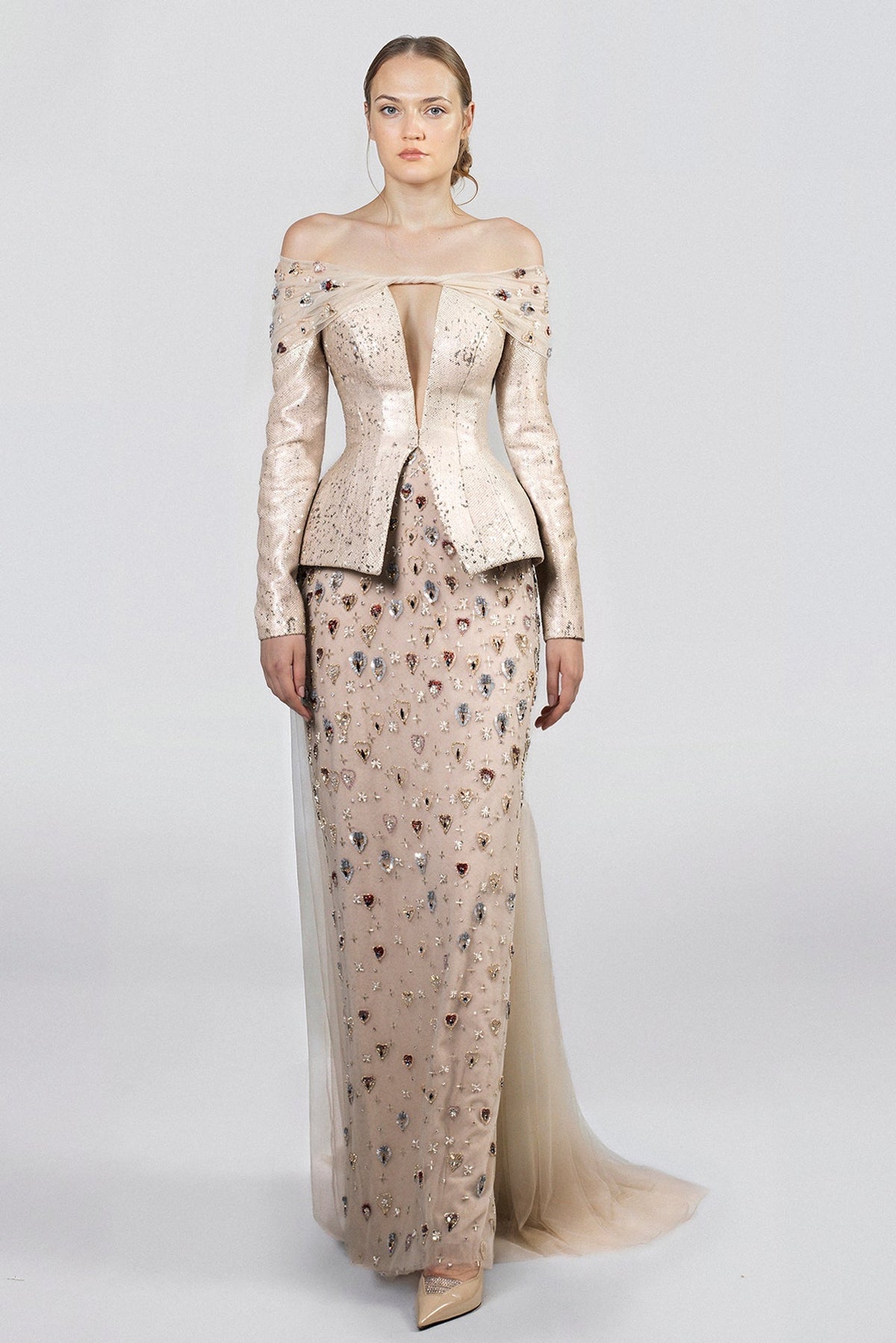 Off-Shoulder Peplum Jeweled Gown