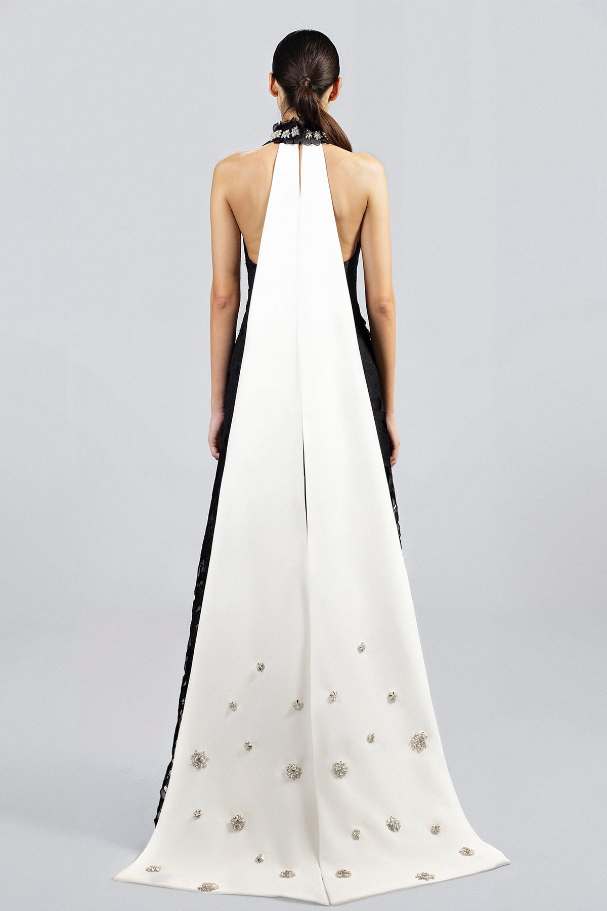 Crystal-Collar Lace Cape Gown