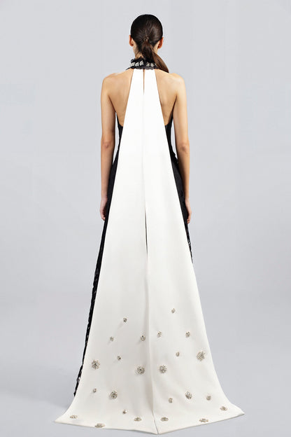 Crystal-Collar Lace Cape Gown