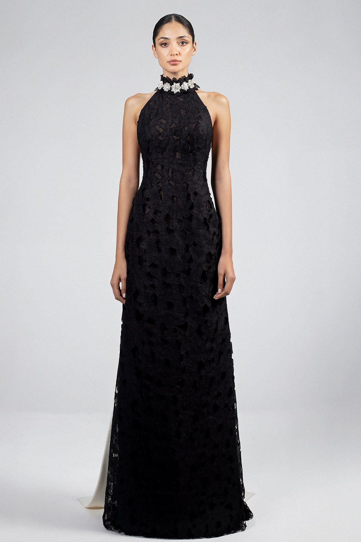 Crystal-Collar Lace Cape Gown