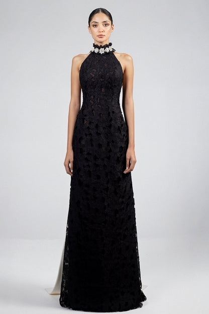 Crystal-Collar Lace Cape Gown