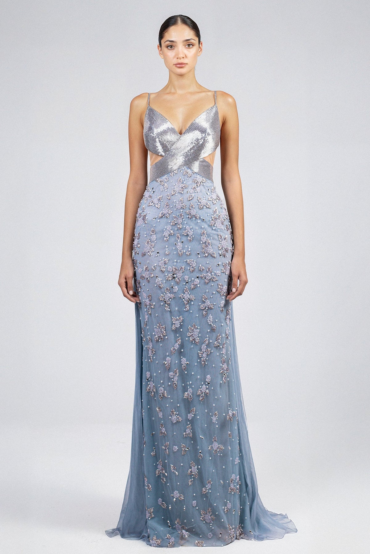 Sequin Cutout Cowl-Back Gown