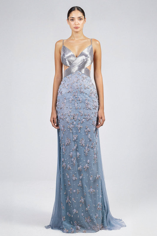 Sequin Cutout Cowl-Back Gown