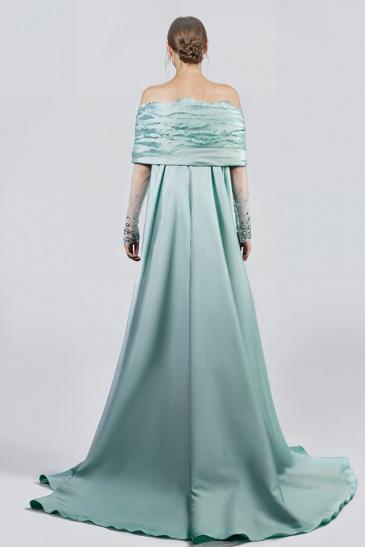 Off-Shoulder Beaded Watteau Gown