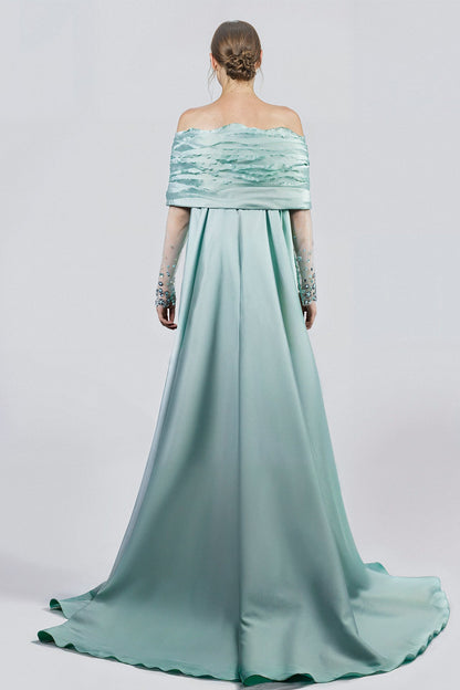 Off-Shoulder Beaded Watteau Gown