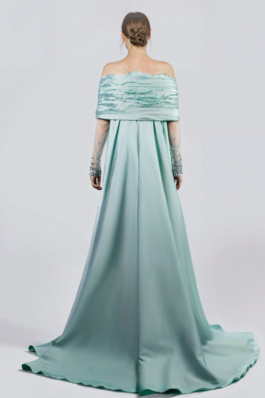 Off-Shoulder Beaded Watteau Gown