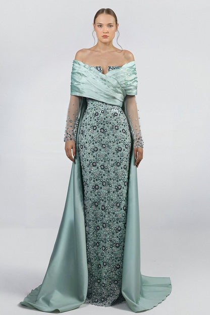 Off-Shoulder Beaded Watteau Gown