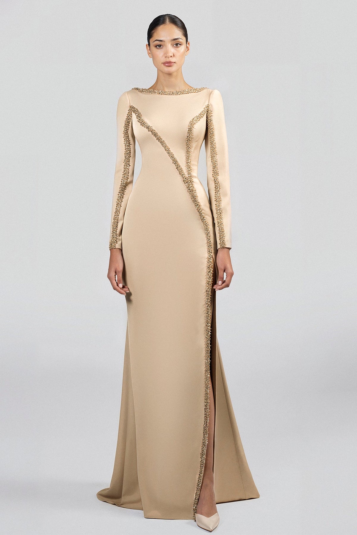 Beaded Long-Sleeve Mermaid Gown