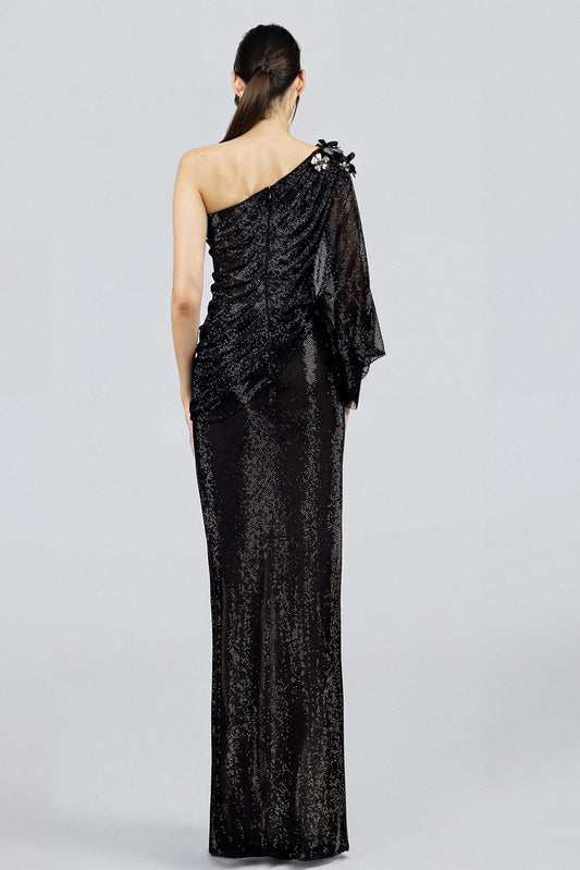One-Shoulder Batwing Sequin Gown