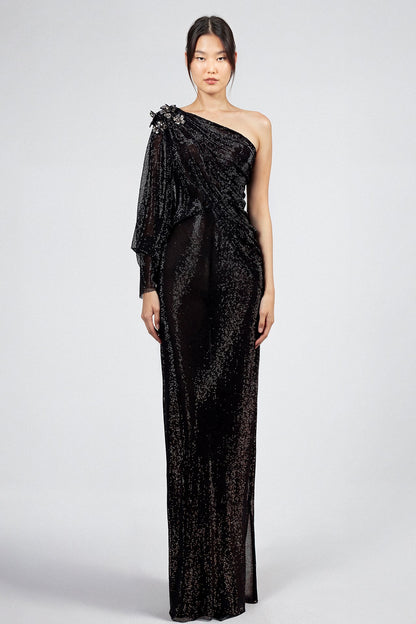 One-Shoulder Batwing Sequin Gown