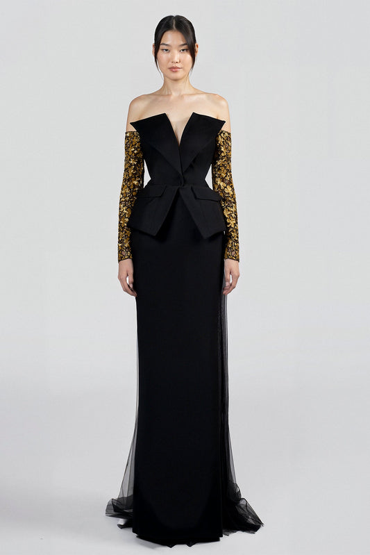 Off-Shoulder Embroidered Peplum Gown