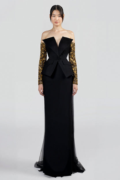 Off-Shoulder Peplum Embroidered-Sleeve Gown