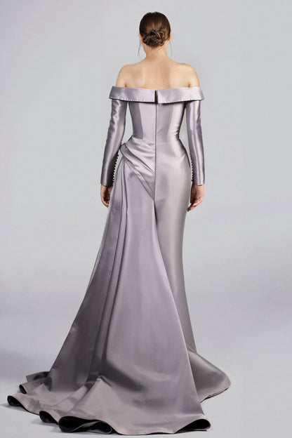 Off-Shoulder Draped Satin Gown