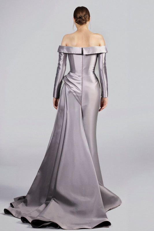 Off-Shoulder Draped Satin Gown