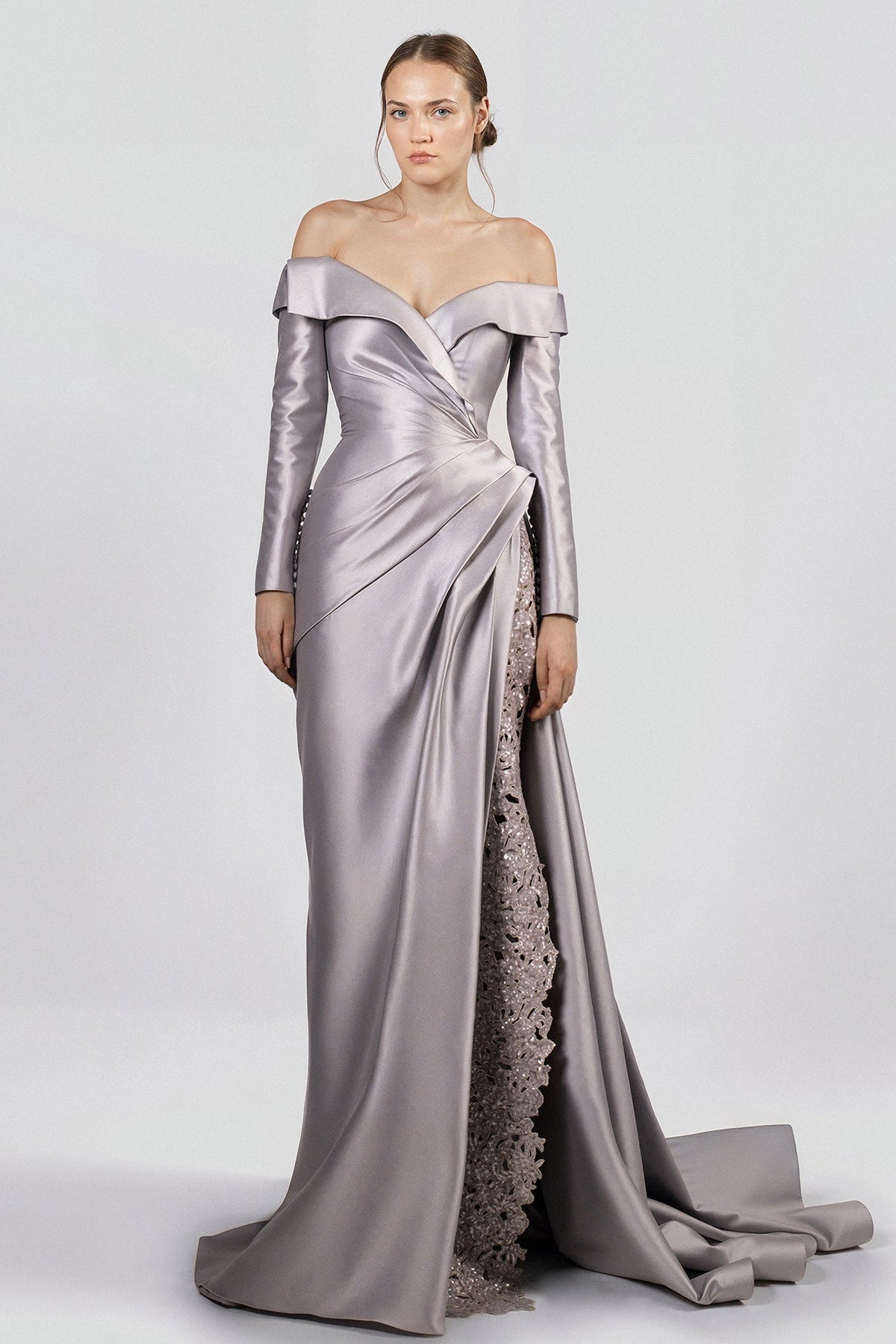 Off-Shoulder Draped Satin Gown