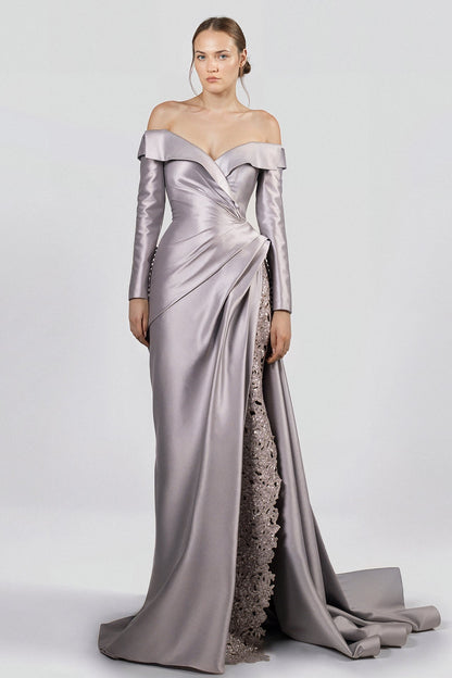 Off-Shoulder Draped Satin Gown