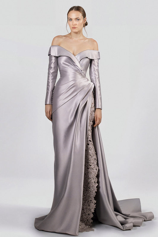 Off-Shoulder Draped Satin Gown