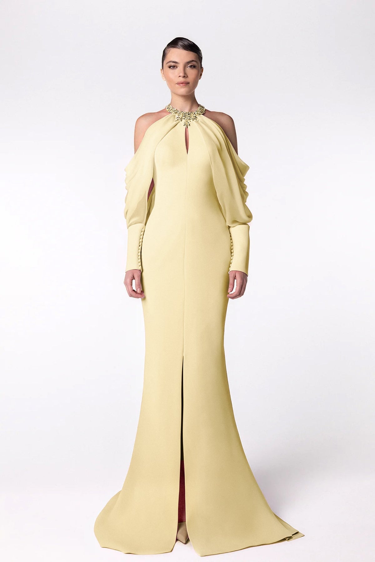 Beaded-Collar Halter Mermaid Gown