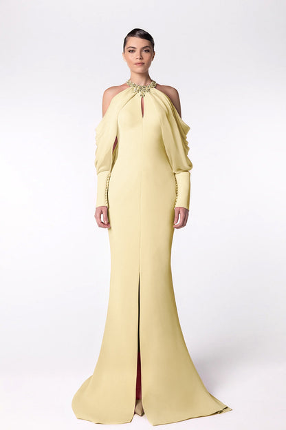 Beaded-Collar Halter Mermaid Gown
