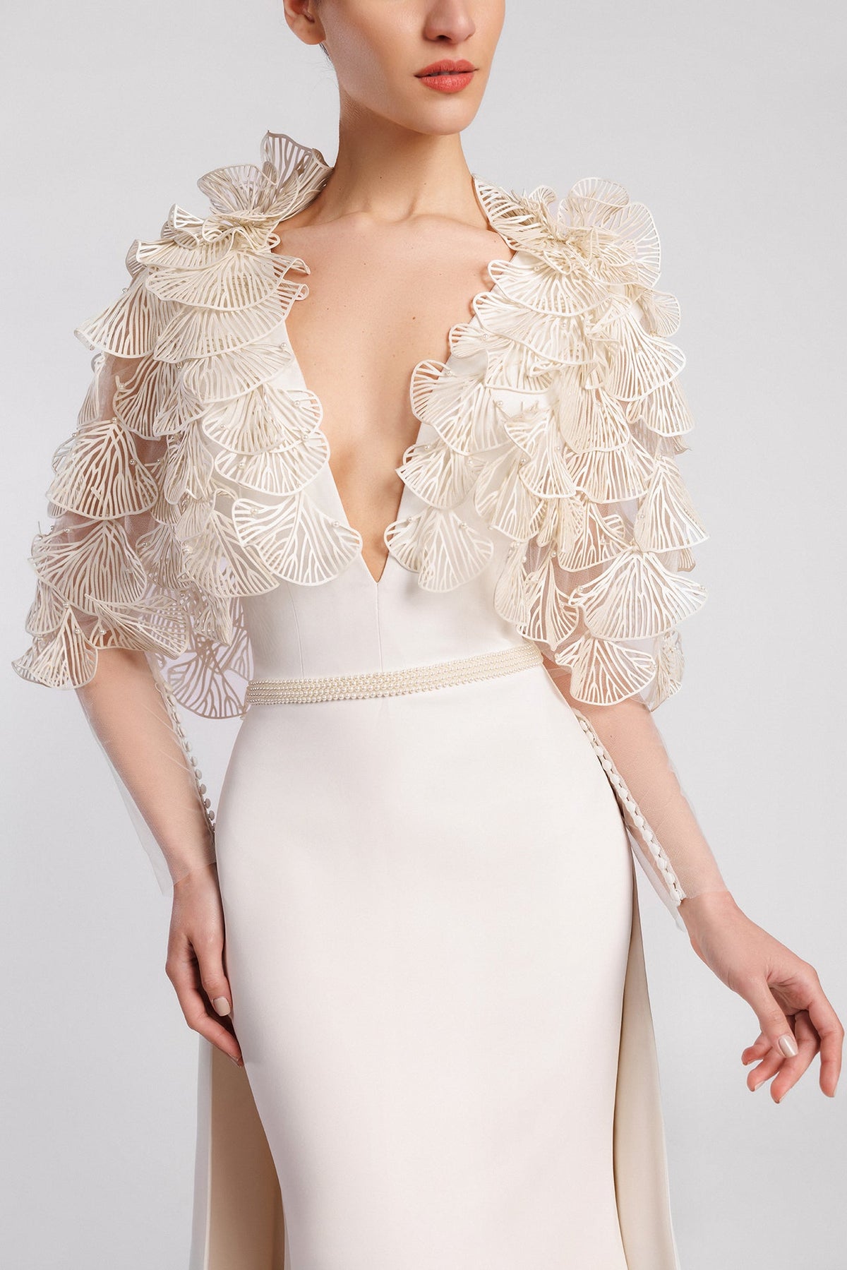 Plunging Fan-Ruffle Gown