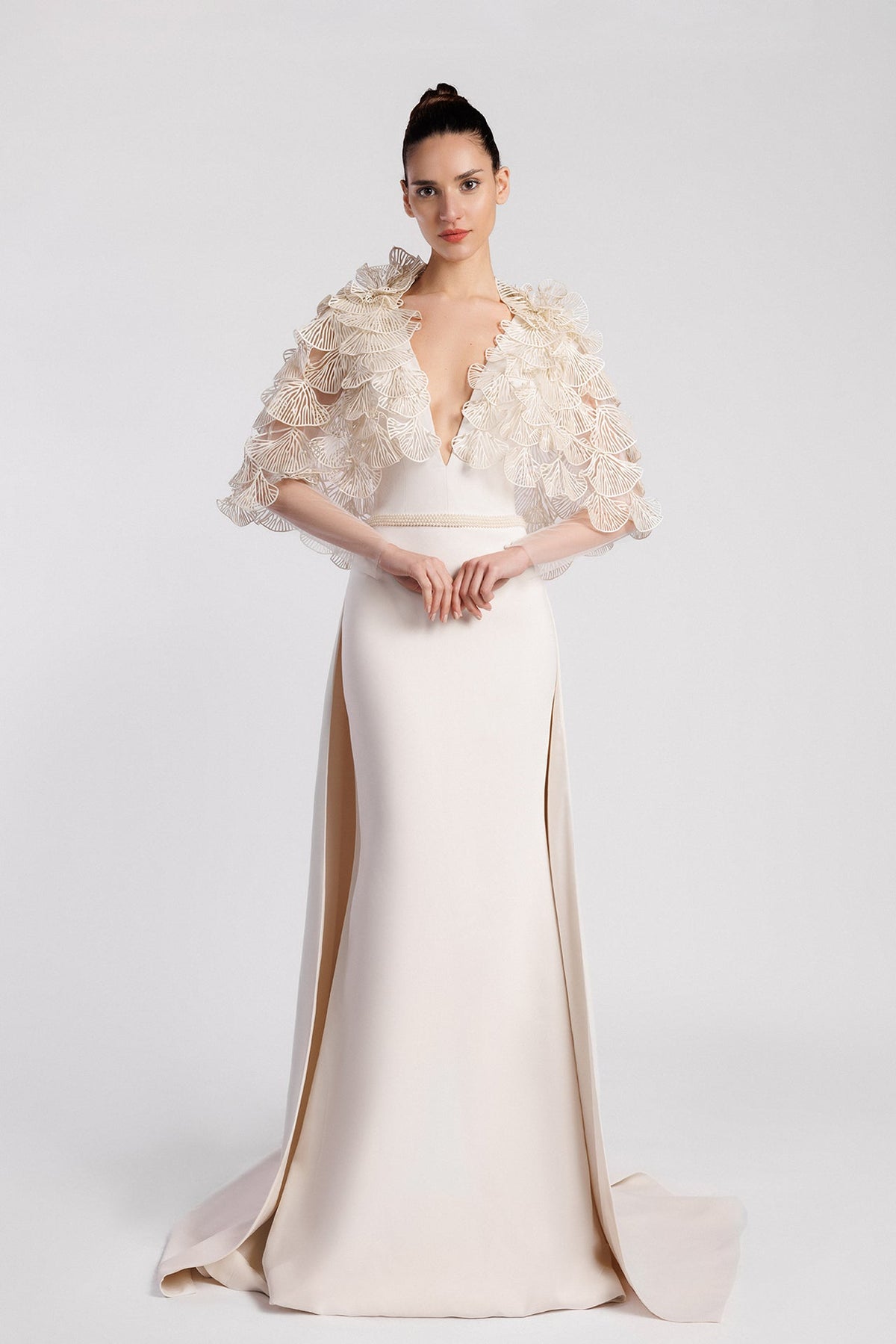 Plunging Fan-Ruffle Gown