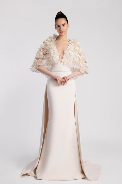 Plunging Fan-Ruffle Gown