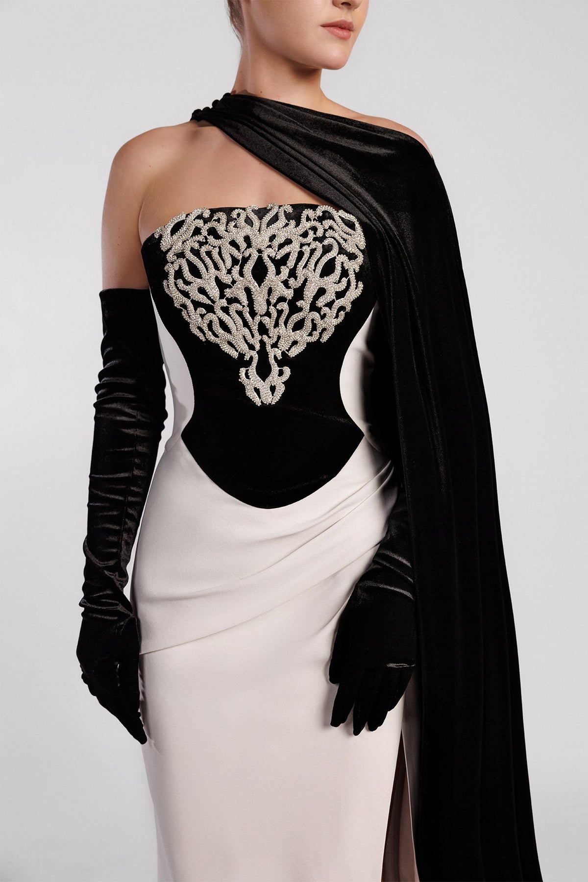 Strapless Velvet Drape Gown