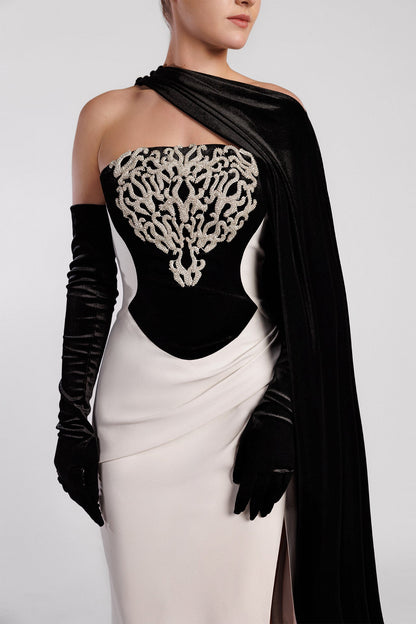 Strapless Velvet Drape Gown