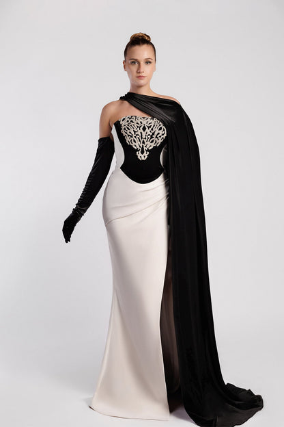 Strapless Velvet Drape Gown