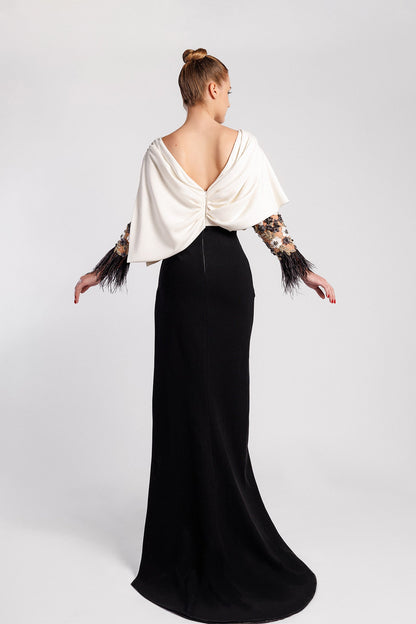 Feather-Cuff Draped Cape Gown