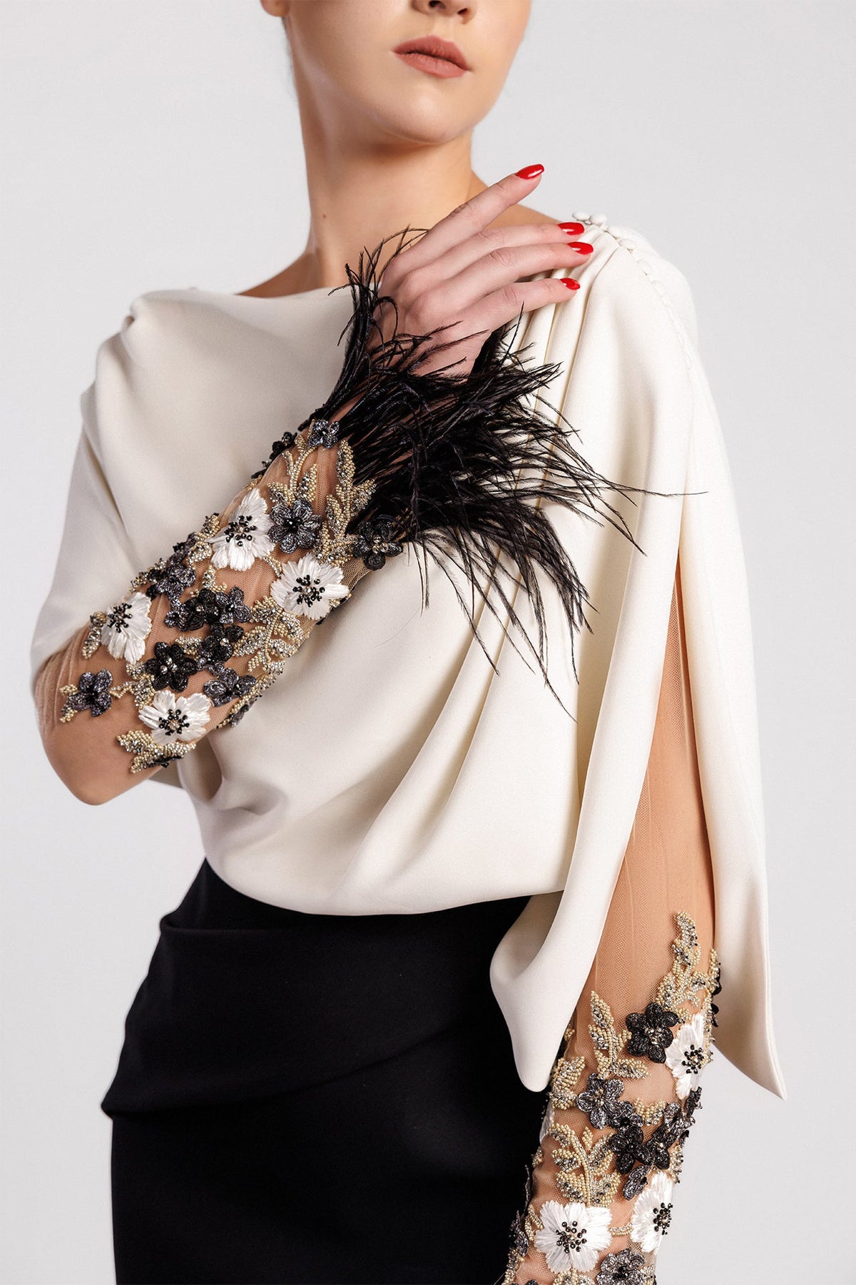 Feather-Cuff Draped Cape Gown