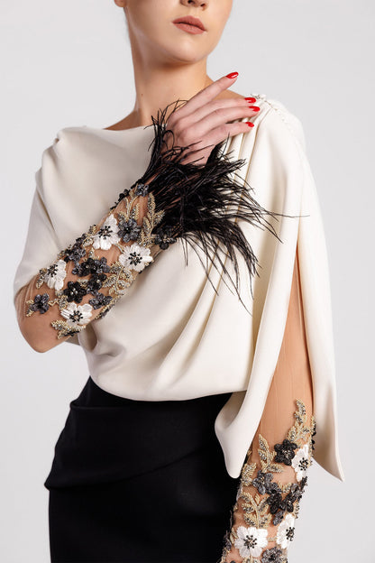 Feather-Cuff Draped Cape Gown