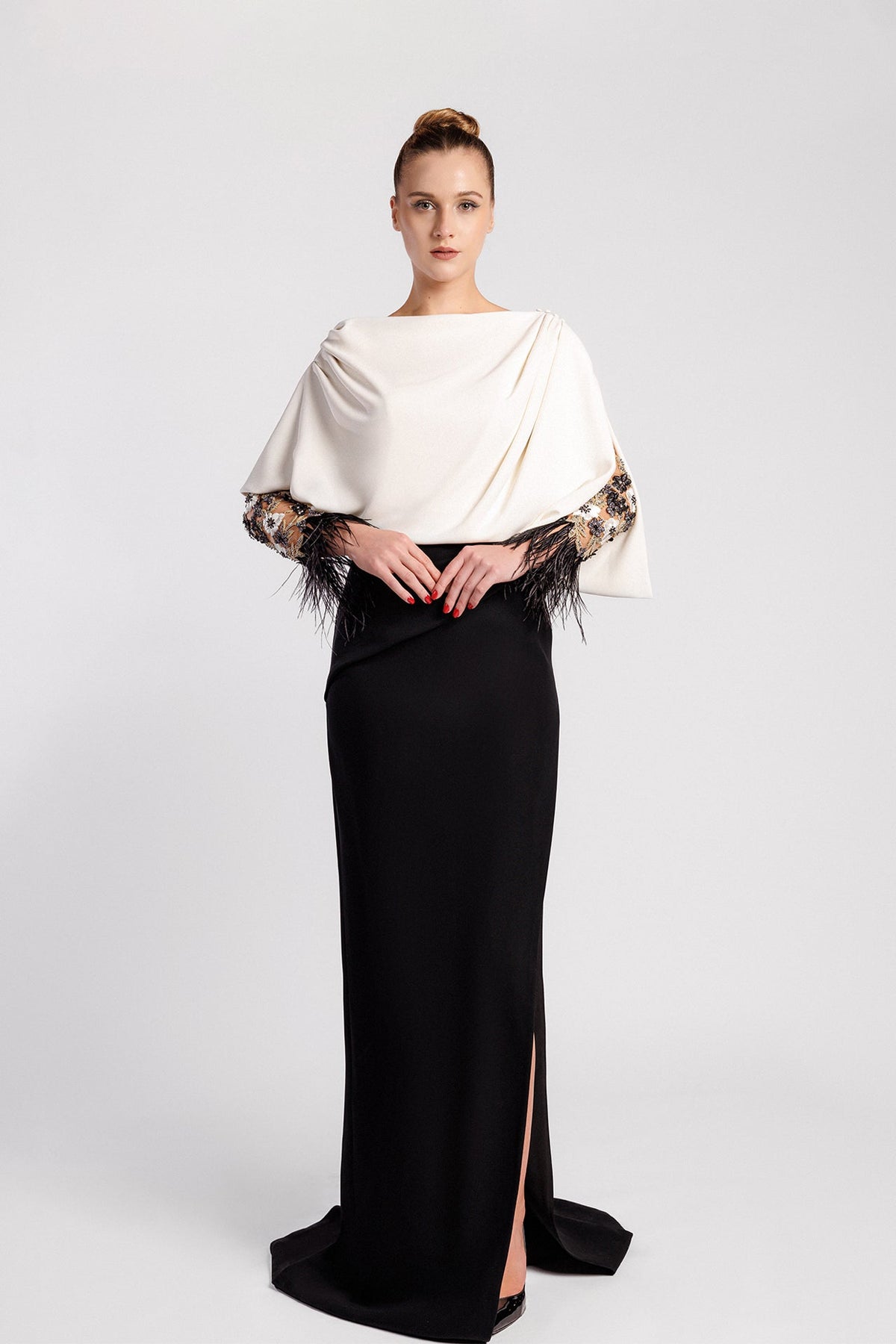 Feather-Cuff Draped Cape Gown