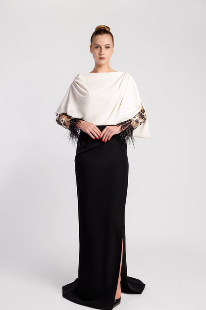 Feather-Cuff Draped Cape Gown