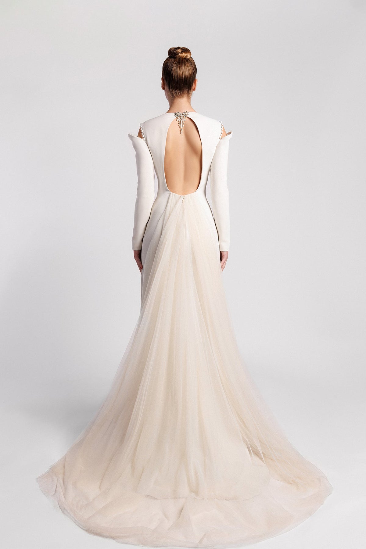 Jeweled Cold-Shoulder Tulle-Train Gown
