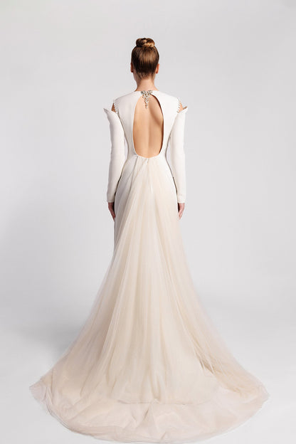 Jeweled Cold-Shoulder Tulle-Train Gown