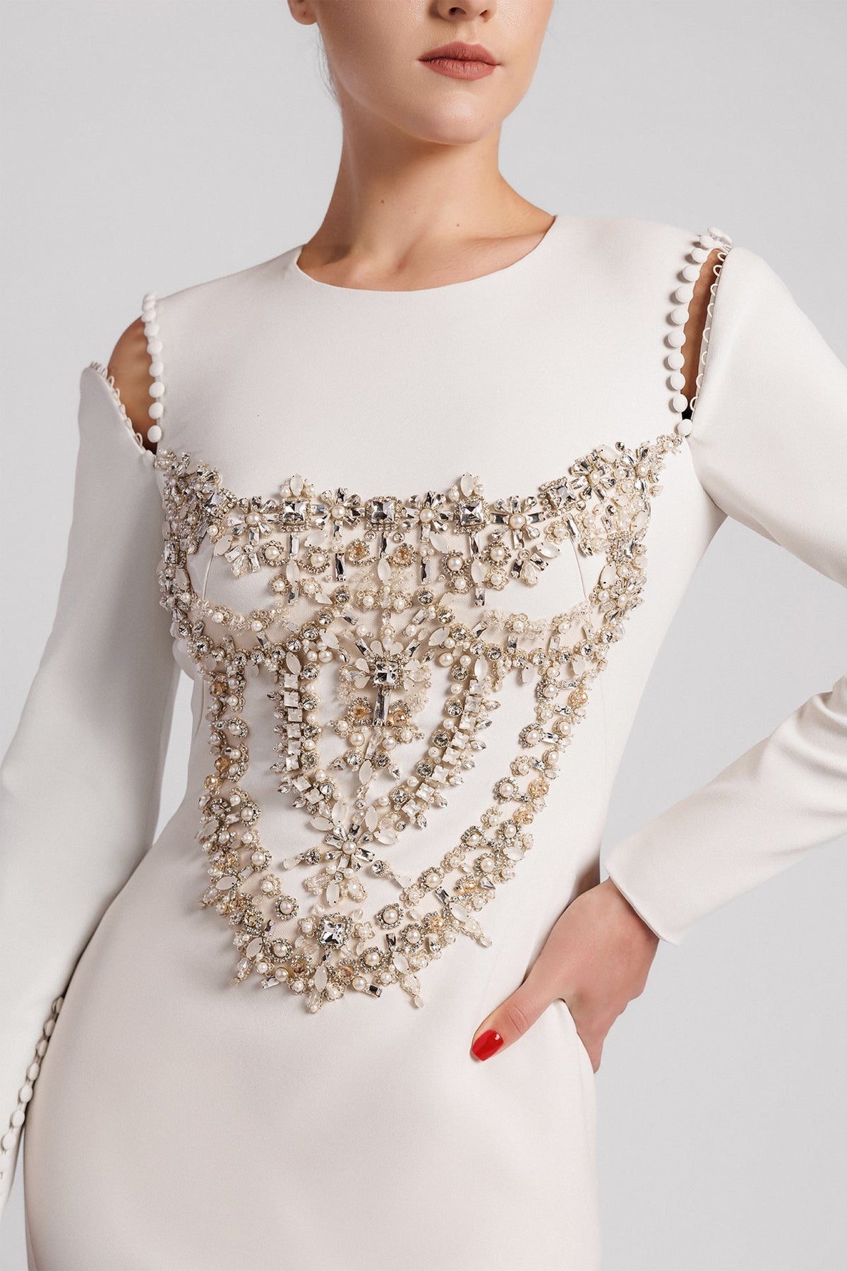 Jeweled Cold-Shoulder Tulle-Train Gown
