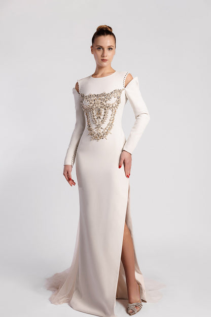 Jeweled Cold-Shoulder Tulle-Train Gown
