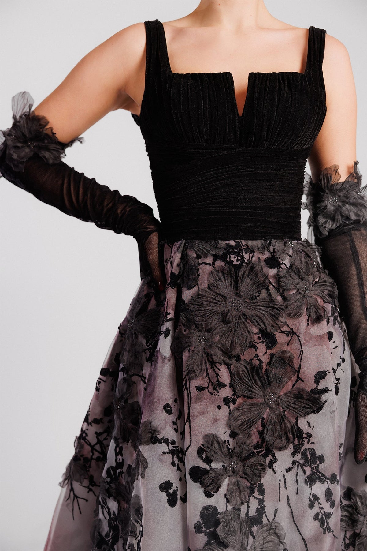 Velvet-Bodice Floral Appliqué Gown