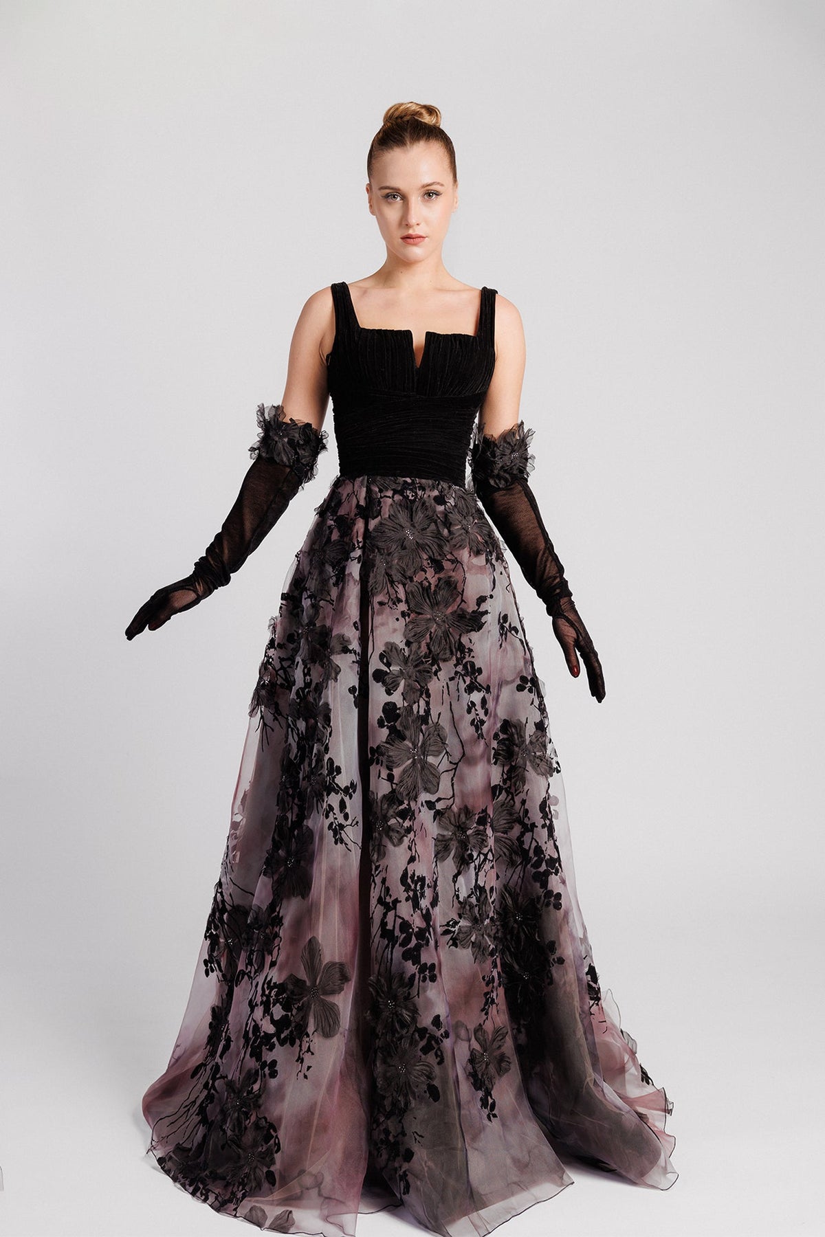Floral Appliqué Organza Gown
