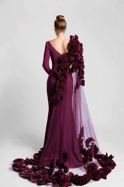 Floral Cape-Sleeve Mermaid Gown