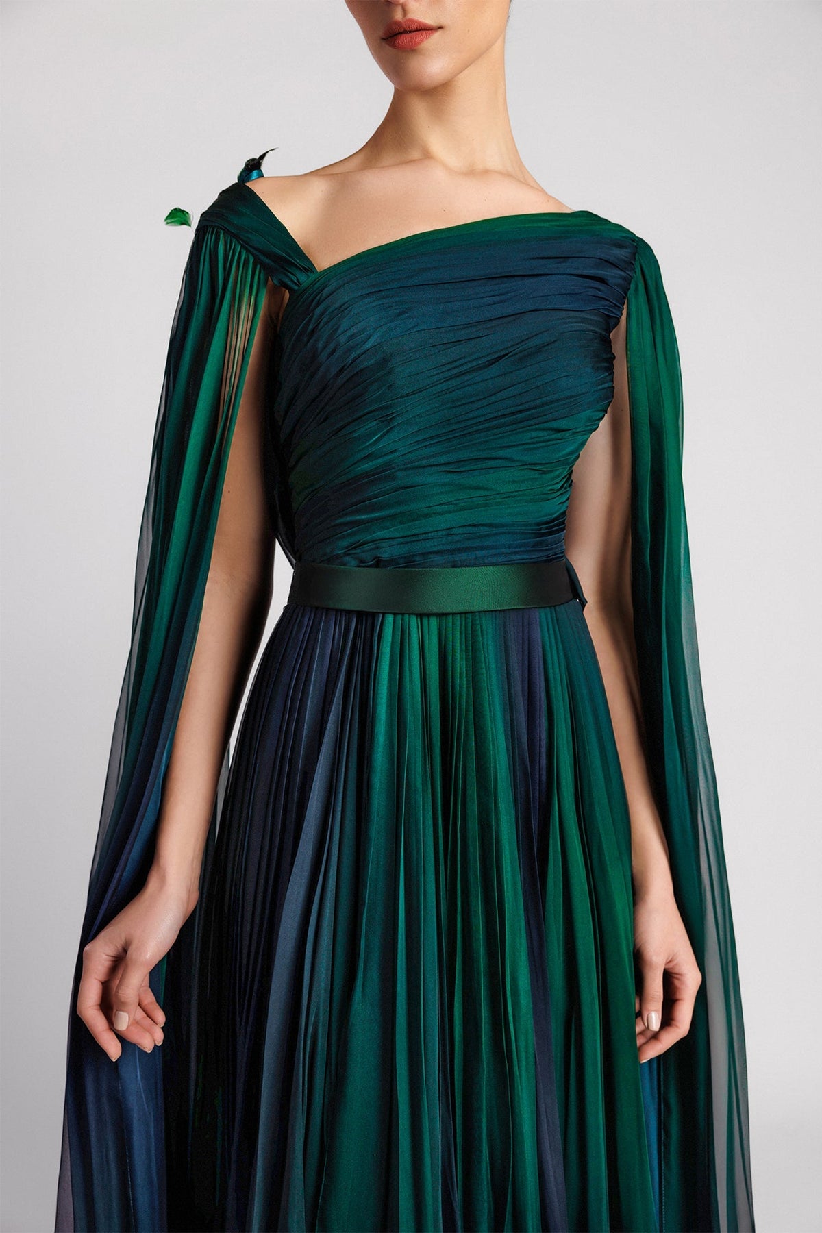 Asymmetric Cape-Sleeve Chiffon Gown