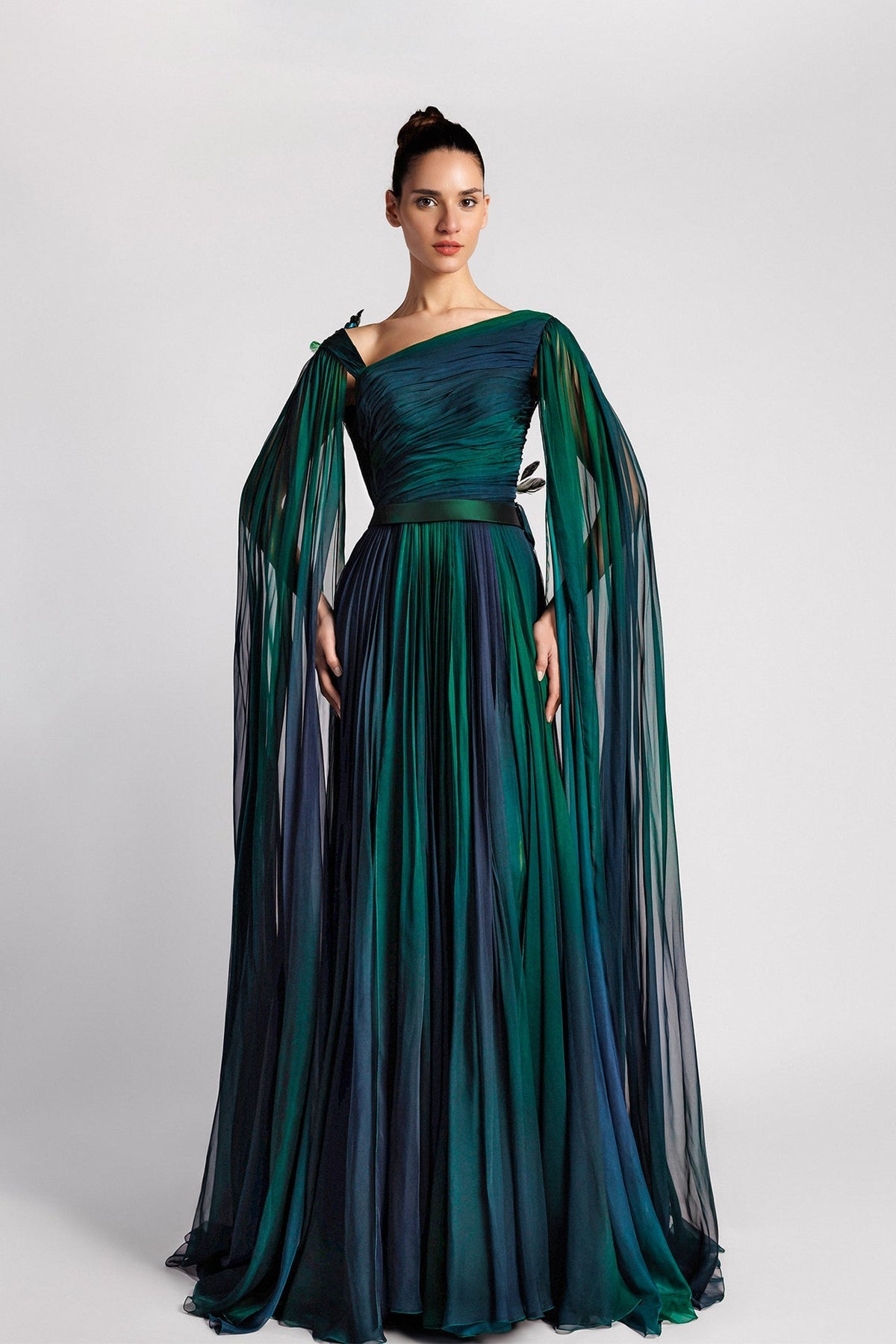 Asymmetric Cape-Sleeve Chiffon Gown