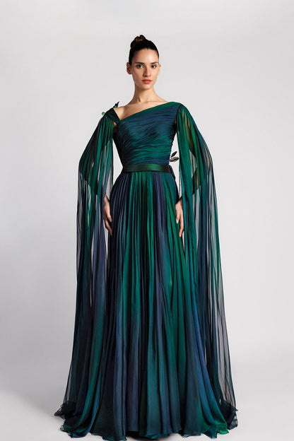 Asymmetric Cape-Sleeve Chiffon Gown